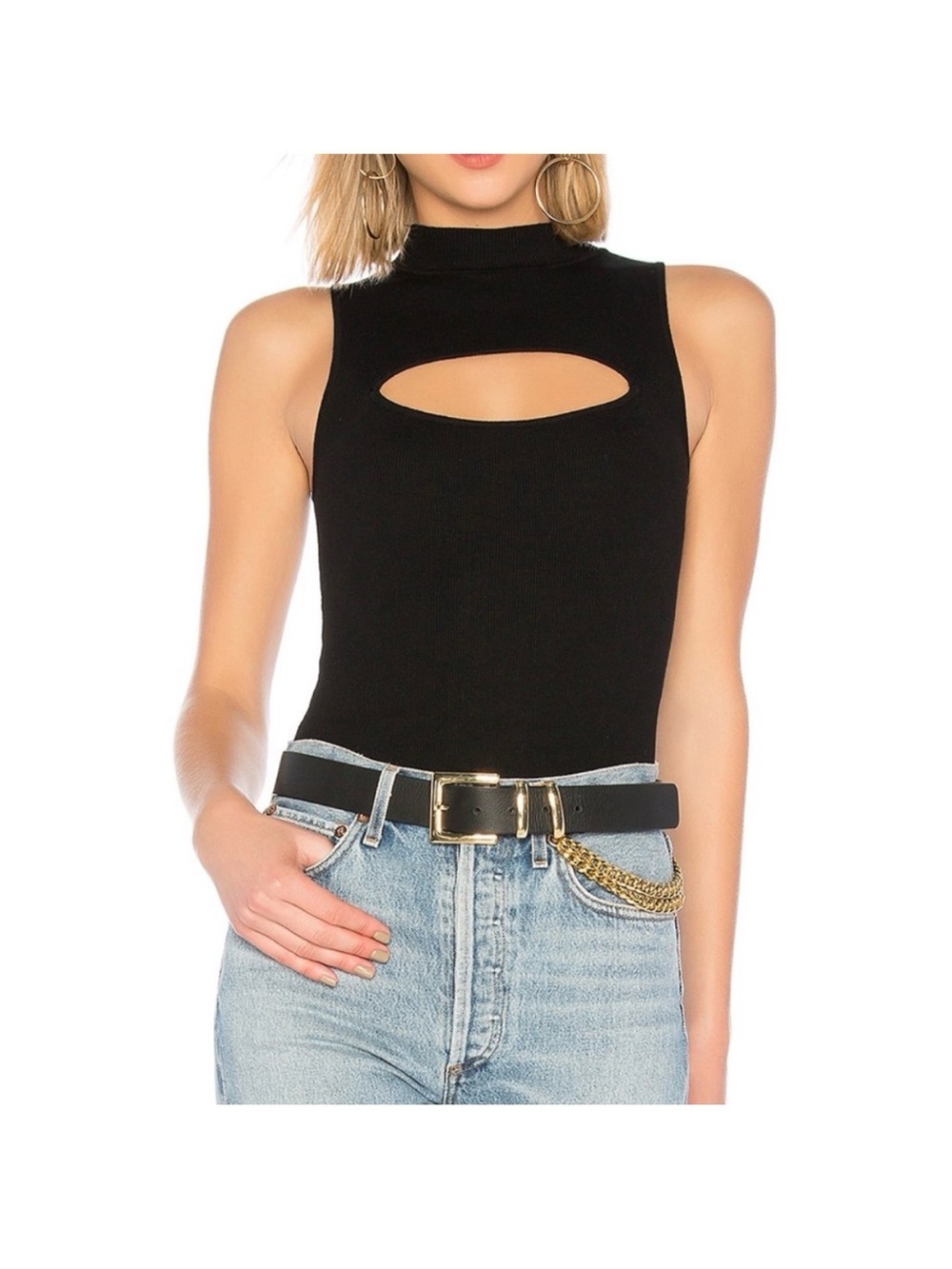 by the way. Black Sleeveless Mock Neck Bodysuit with Front Cutout